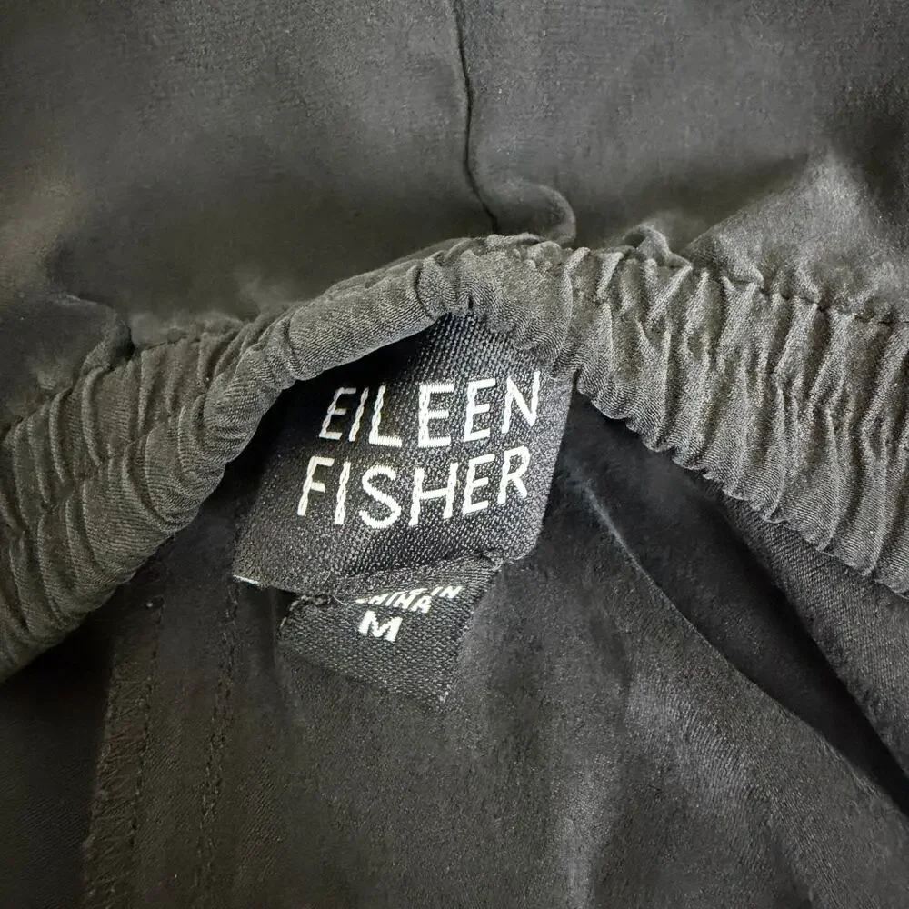 Eileen Fisher Silk Pants Womens Medium Black Wide Leg Pull On Crop Elastic 24.5" - Picture 7 of 9